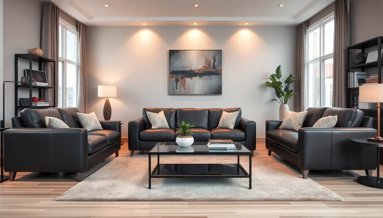 modern leather living room with stylish decor and warm lighting.