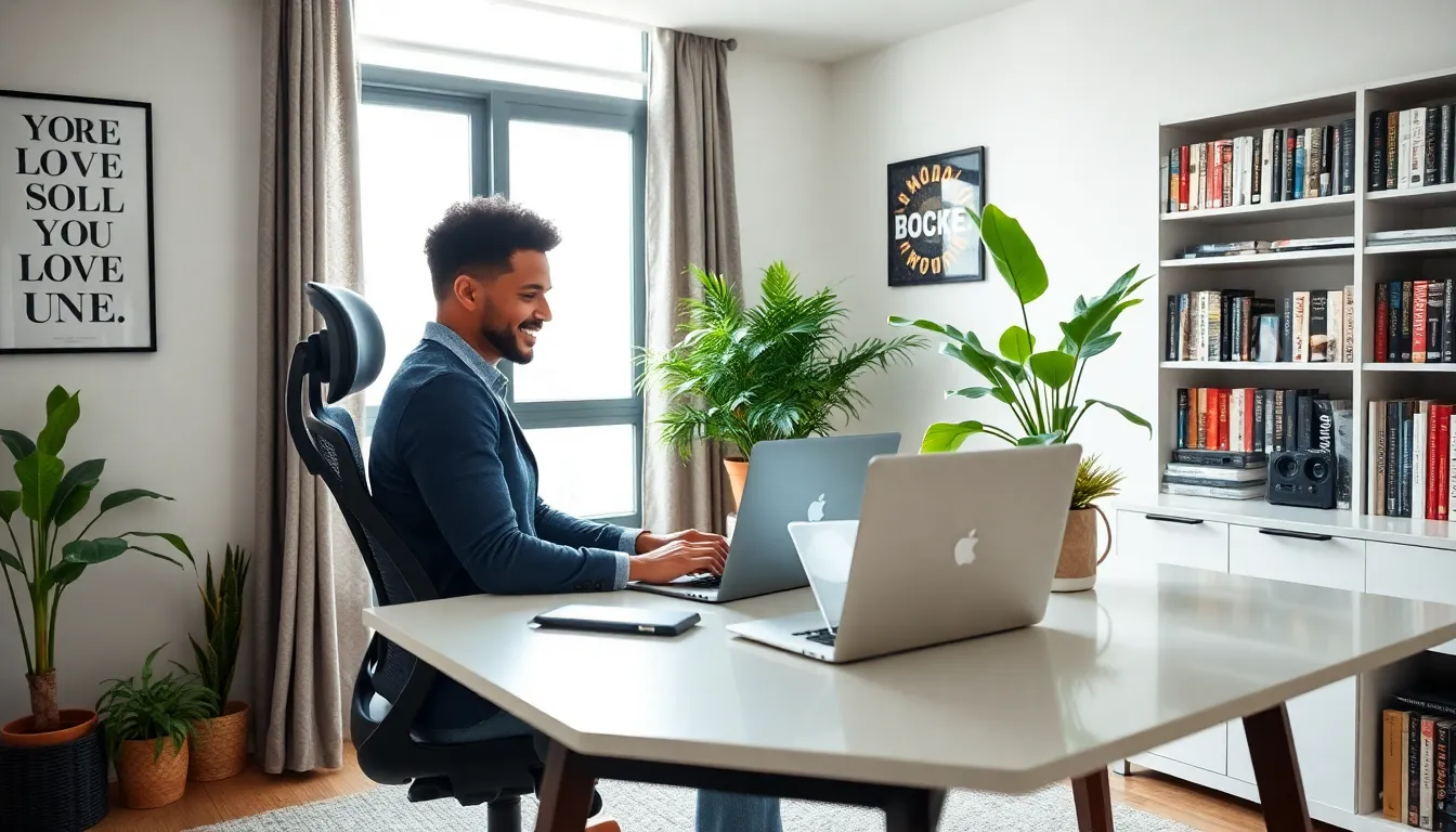 individual working remotely in a stylish home office.