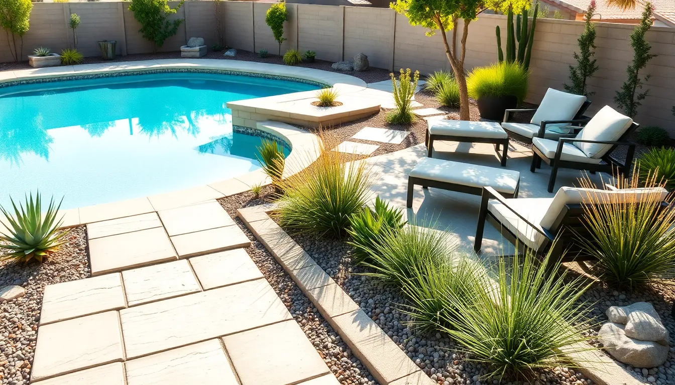modern pool area with low maintenance landscaping and drought-resistant plants.