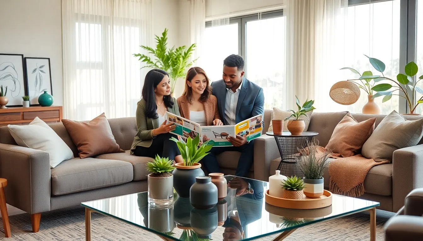 modern living room with diverse professionals discussing home goods.