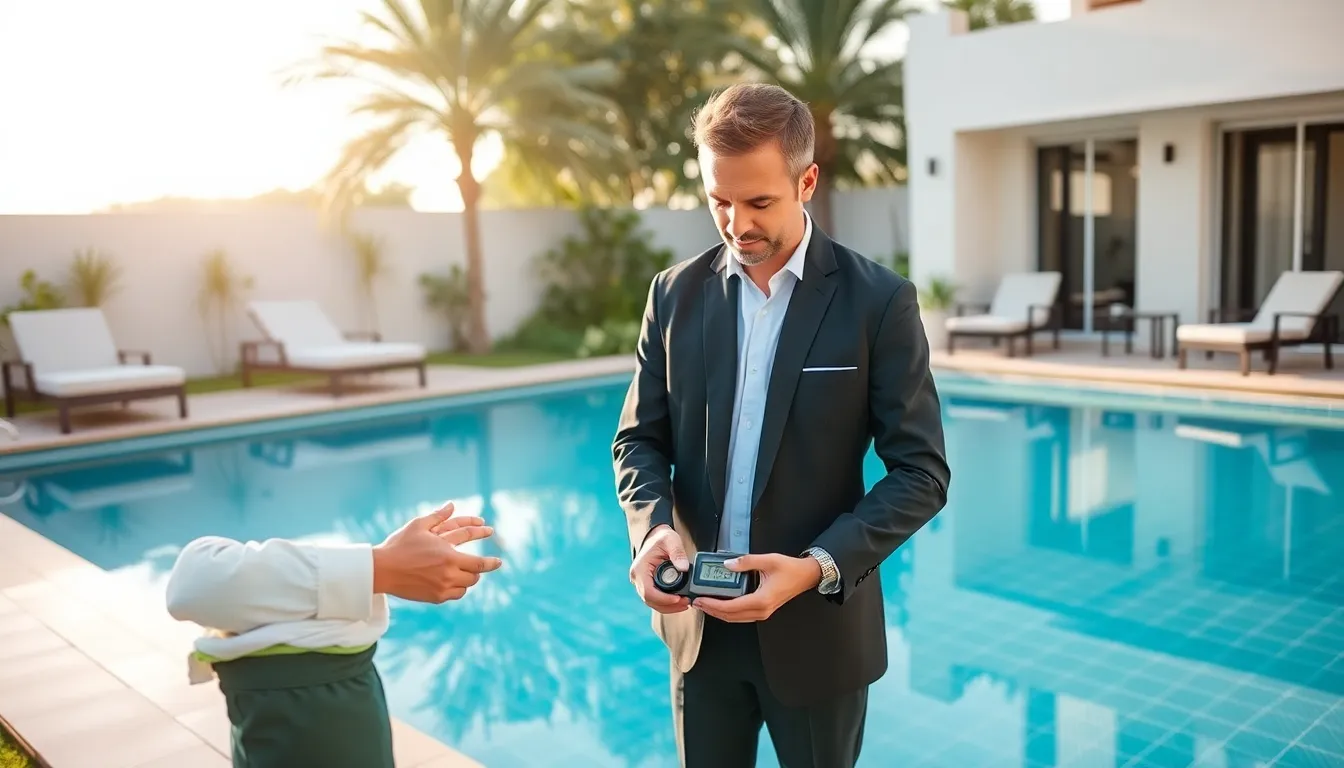 professional inspecting water quality at a sparkling swimming pool.