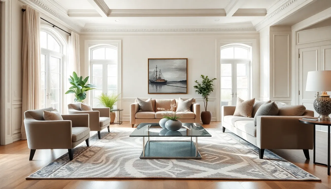 elegant formal living room with modern furnishings and soft daylight.