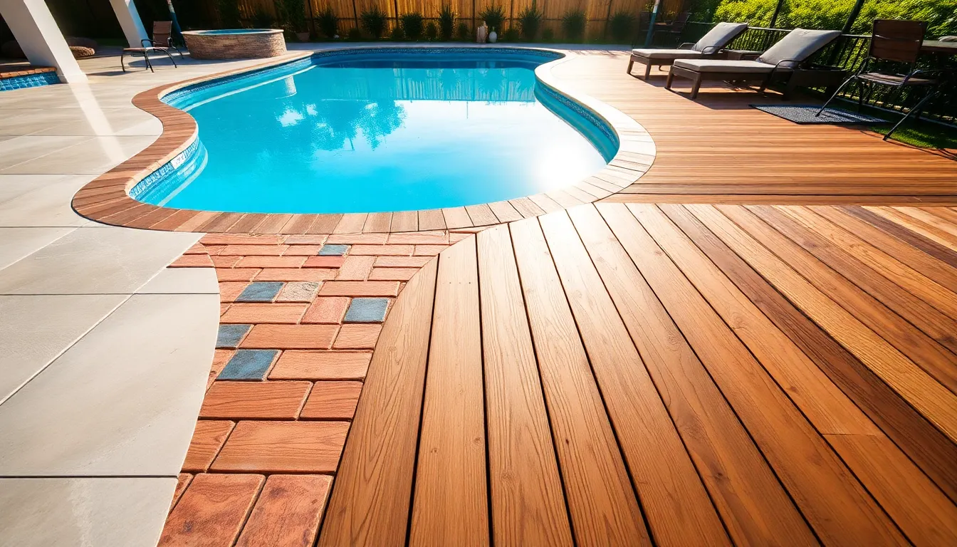 various pool deck materials in a modern outdoor setting.