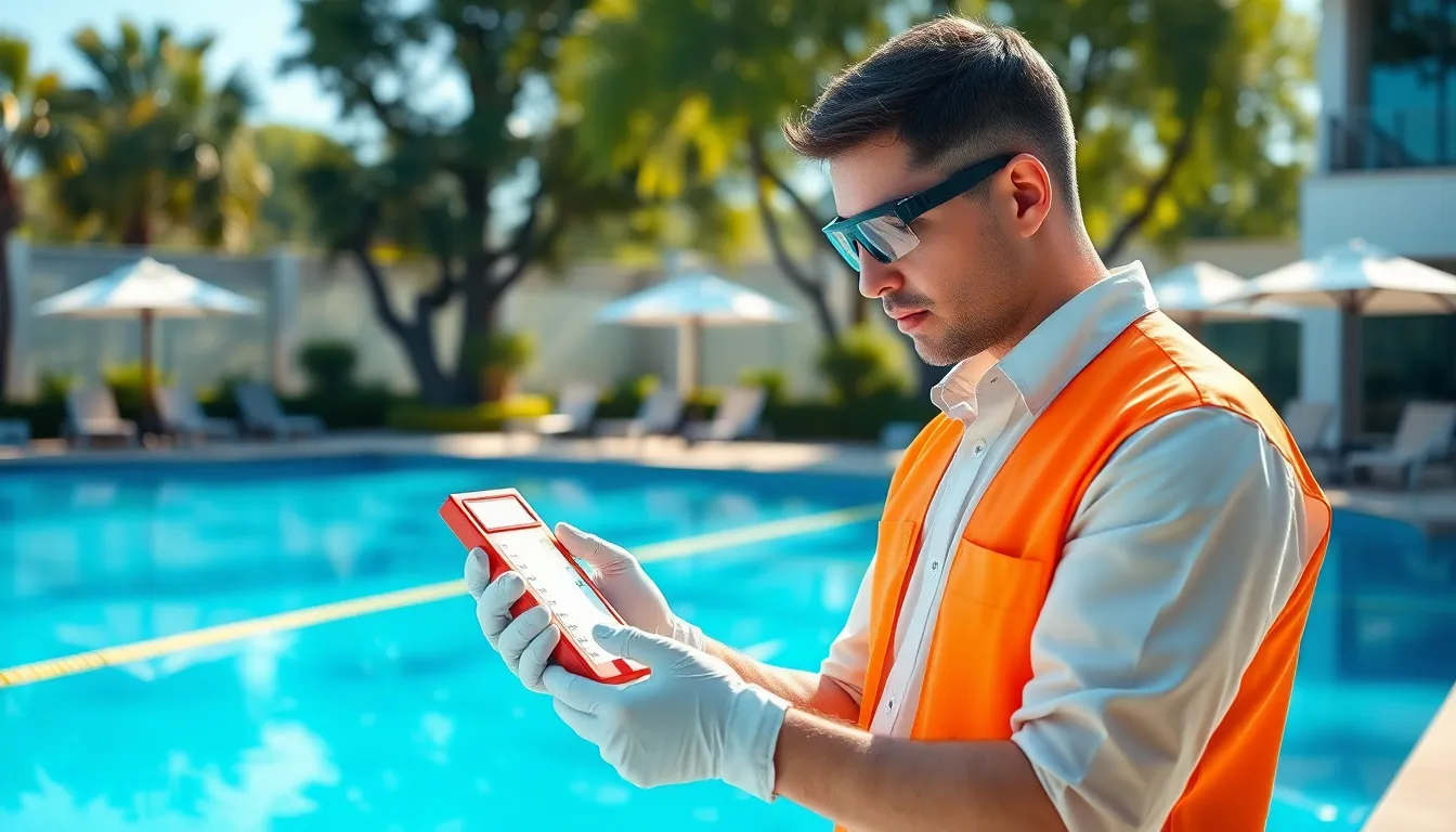 technician testing water quality at a commercial swimming pool.
