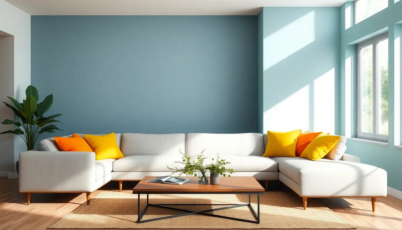 modern living room with calming blue and green tones, accented by vibrant cushions.