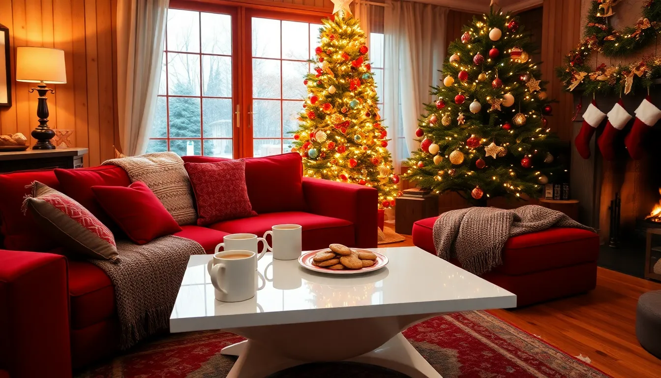 Cozy Christmas living room with festive decorations and warm ambiance.