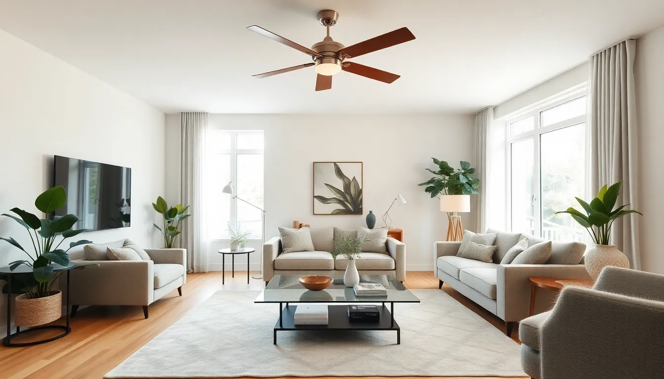 modern living room with a stylish ceiling fan.